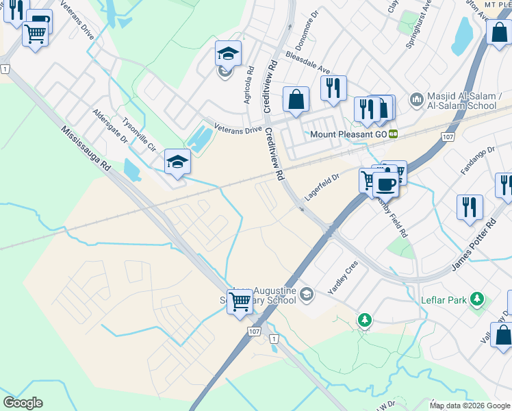 map of restaurants, bars, coffee shops, grocery stores, and more near 318 Lagerfeld Drive in Brampton