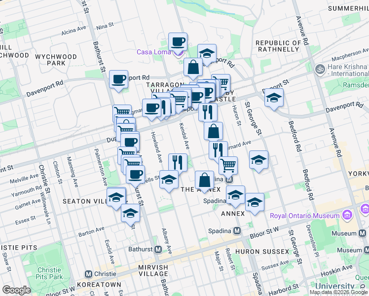 map of restaurants, bars, coffee shops, grocery stores, and more near 68 Kendal Avenue in Toronto