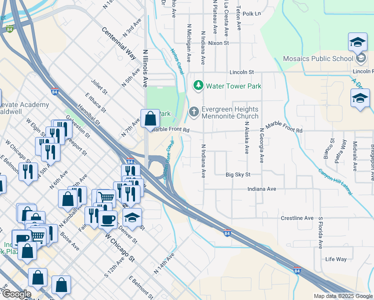 map of restaurants, bars, coffee shops, grocery stores, and more near 309 North Michigan Avenue in Caldwell