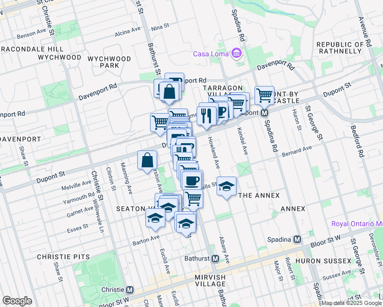 map of restaurants, bars, coffee shops, grocery stores, and more near 212 Albany Avenue in Toronto