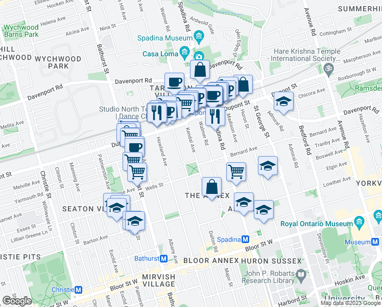 map of restaurants, bars, coffee shops, grocery stores, and more near 68 Kendal Avenue in Toronto