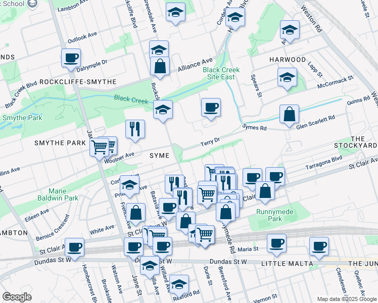 map of restaurants, bars, coffee shops, grocery stores, and more near 53a Terry Drive in Toronto