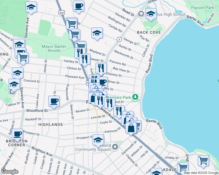 map of restaurants, bars, coffee shops, grocery stores, and more near 44 Hersey Street in Portland