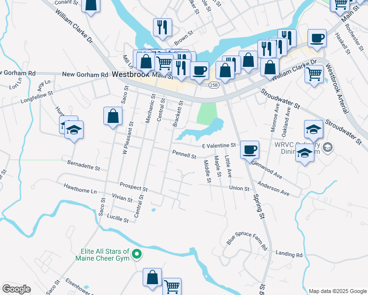 map of restaurants, bars, coffee shops, grocery stores, and more near 102 East Valentine Street in Westbrook