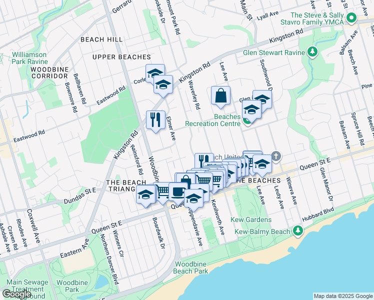 map of restaurants, bars, coffee shops, grocery stores, and more near 209 Kenilworth Avenue in Toronto