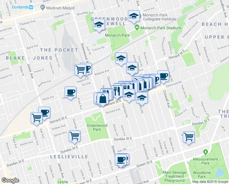 map of restaurants, bars, coffee shops, grocery stores, and more near in Toronto