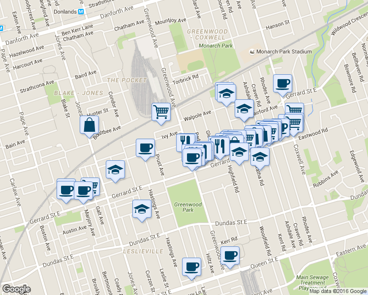 map of restaurants, bars, coffee shops, grocery stores, and more near in Toronto