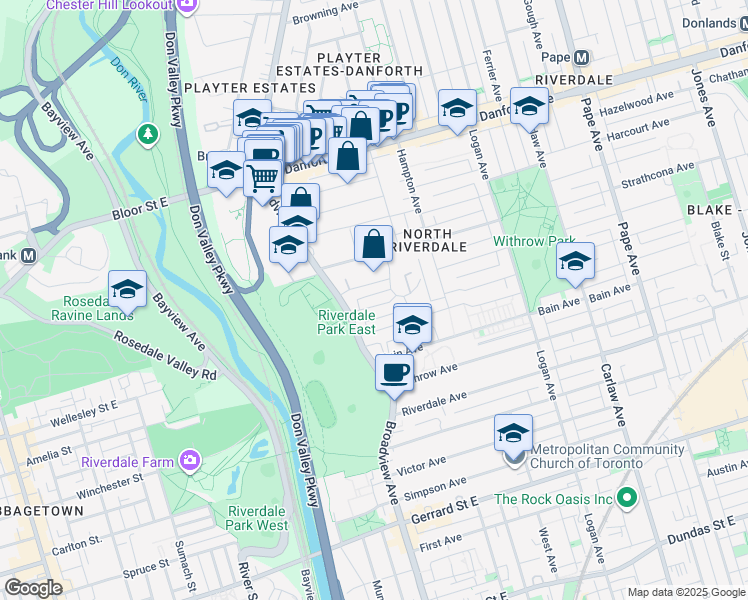 map of restaurants, bars, coffee shops, grocery stores, and more near in Toronto