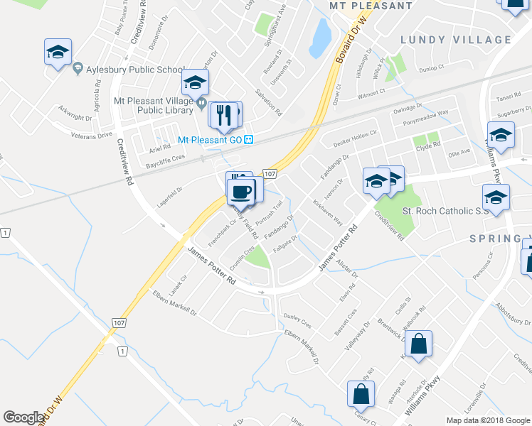 map of restaurants, bars, coffee shops, grocery stores, and more near 37 Portrush Trail in Brampton