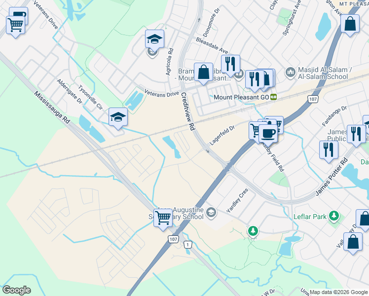 map of restaurants, bars, coffee shops, grocery stores, and more near 334 Lagerfeld Drive in Brampton