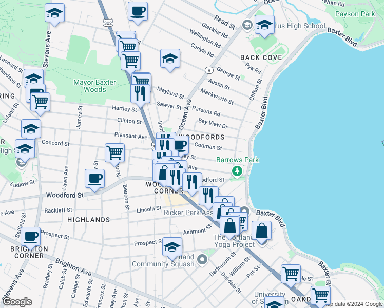 map of restaurants, bars, coffee shops, grocery stores, and more near 44 Hersey Street in Portland