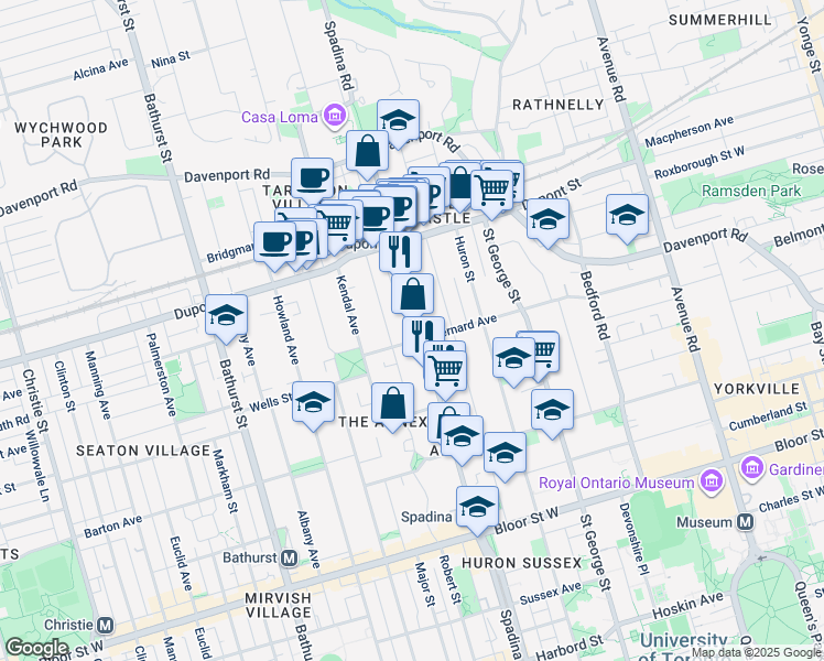 map of restaurants, bars, coffee shops, grocery stores, and more near 118 Spadina Road in Toronto