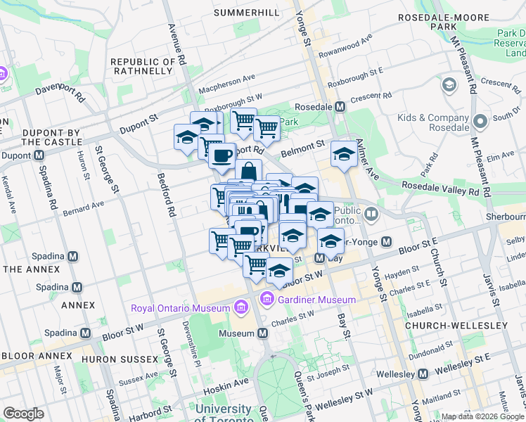 map of restaurants, bars, coffee shops, grocery stores, and more near in Toronto