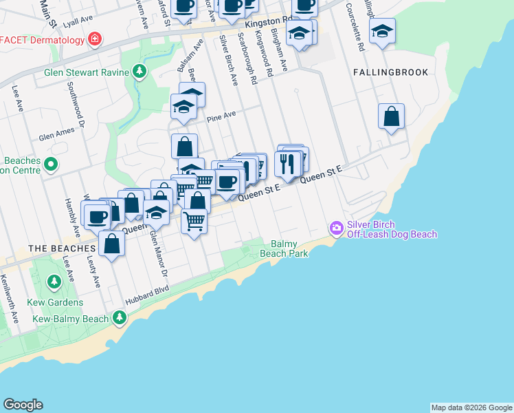 map of restaurants, bars, coffee shops, grocery stores, and more near 73 Willow Avenue in Toronto