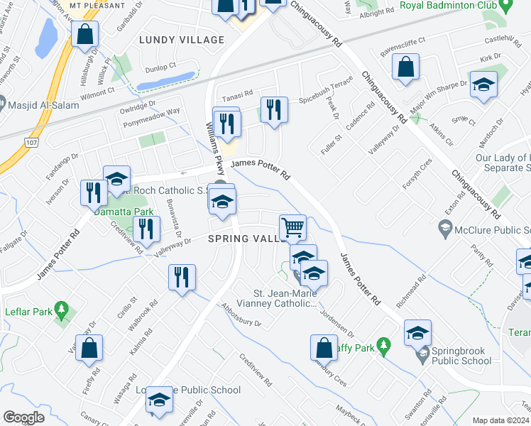 map of restaurants, bars, coffee shops, grocery stores, and more near 146 Degrassi Cove Circle in Brampton