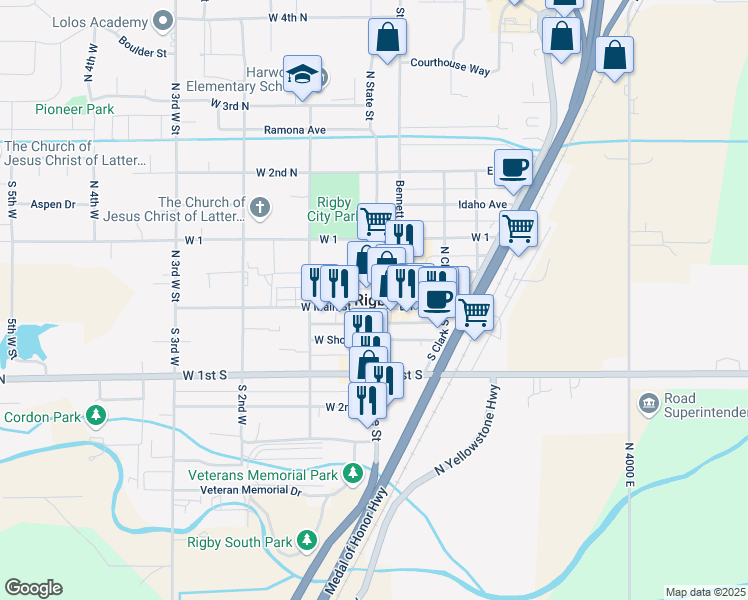 map of restaurants, bars, coffee shops, grocery stores, and more near in Rigby