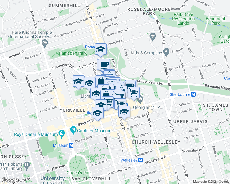 map of restaurants, bars, coffee shops, grocery stores, and more near 813 Yonge Street in Toronto
