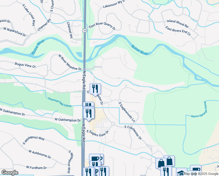 map of restaurants, bars, coffee shops, grocery stores, and more near 296 East Grove Creek Lane in Eagle