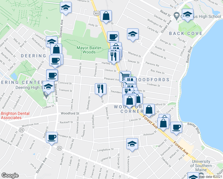 map of restaurants, bars, coffee shops, grocery stores, and more near 49 Saunders Street in Portland