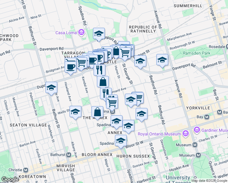 map of restaurants, bars, coffee shops, grocery stores, and more near Madison Avenue in Toronto