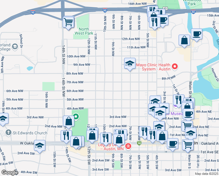 map of restaurants, bars, coffee shops, grocery stores, and more near 1004 6th Avenue Northwest in Austin
