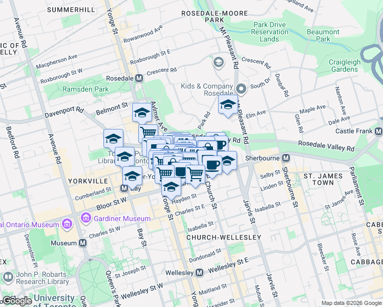 map of restaurants, bars, coffee shops, grocery stores, and more near 123 Collier Street in Toronto