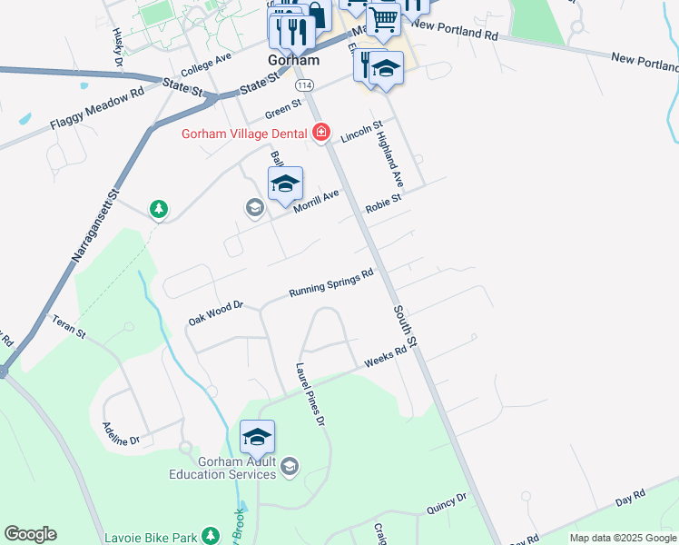 map of restaurants, bars, coffee shops, grocery stores, and more near 15 Running Springs Road in Gorham