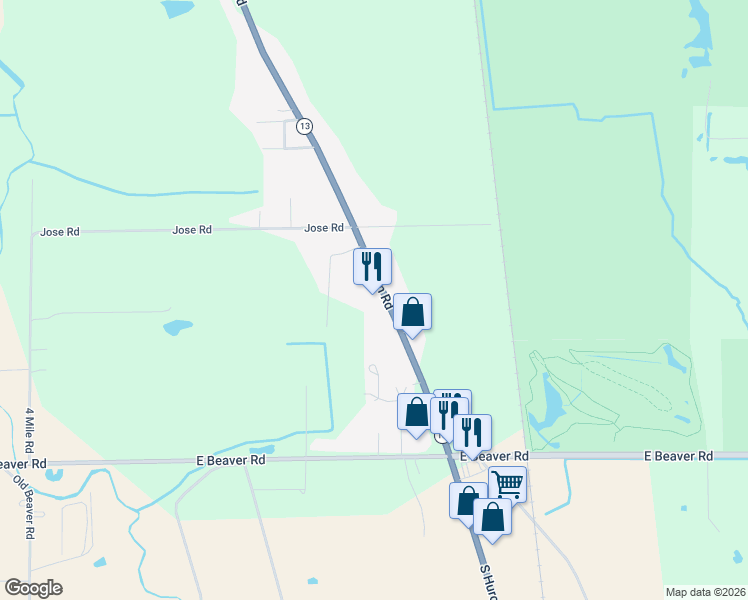 map of restaurants, bars, coffee shops, grocery stores, and more near 2338 South Huron Road in Kawkawlin