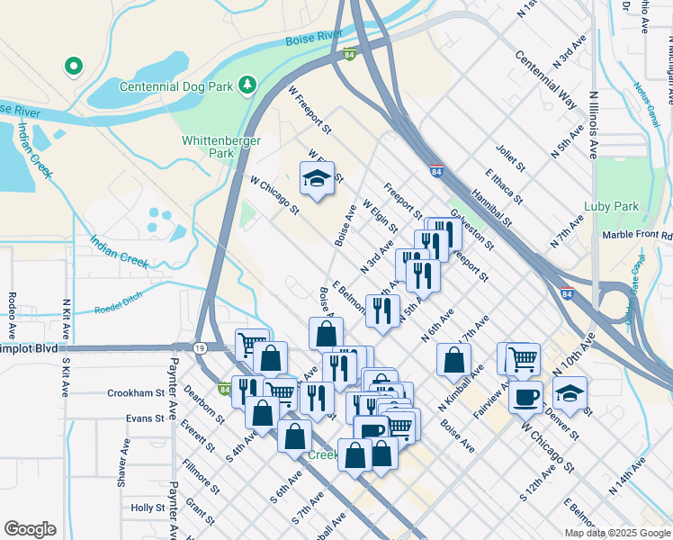 map of restaurants, bars, coffee shops, grocery stores, and more near 312 Boise Avenue in Caldwell