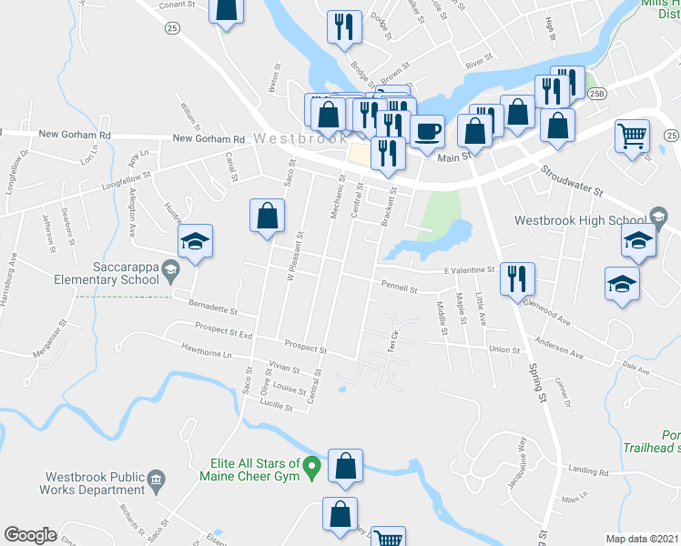 map of restaurants, bars, coffee shops, grocery stores, and more near 129 Central Street in Westbrook