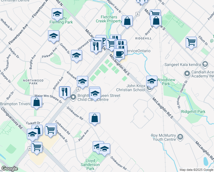 map of restaurants, bars, coffee shops, grocery stores, and more near 8950 McLaughlin Road South in Brampton