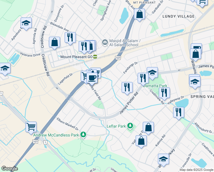 map of restaurants, bars, coffee shops, grocery stores, and more near 37 Portrush Trail in Brampton