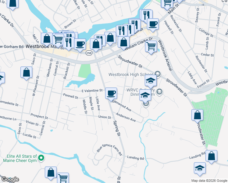 map of restaurants, bars, coffee shops, grocery stores, and more near 23 Woods Road in Westbrook