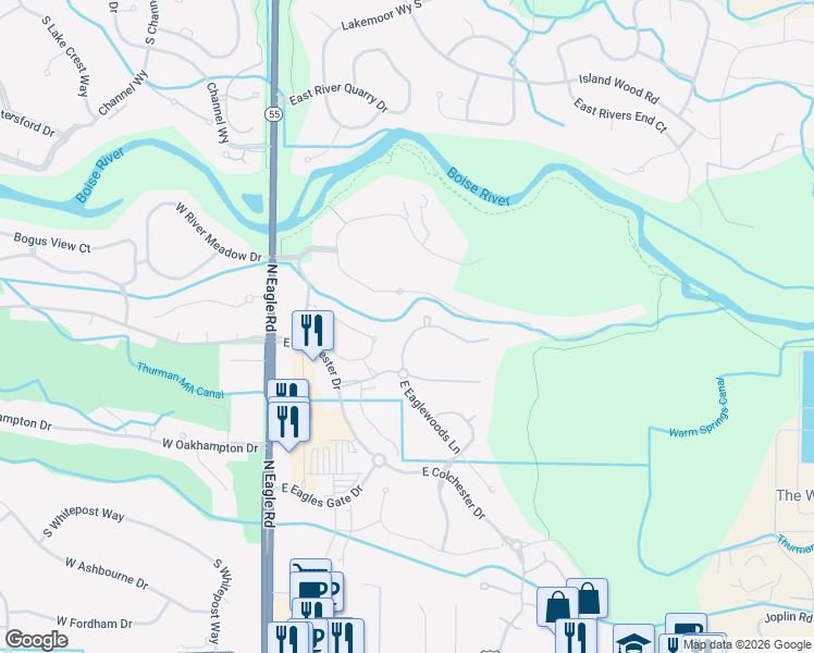 map of restaurants, bars, coffee shops, grocery stores, and more near 458 East Lake Briar Lane in Eagle