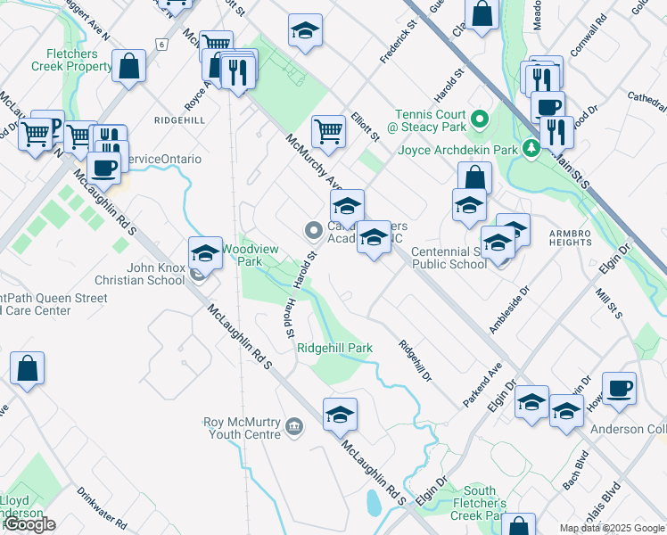 map of restaurants, bars, coffee shops, grocery stores, and more near 81 Ridgehill Drive in Brampton