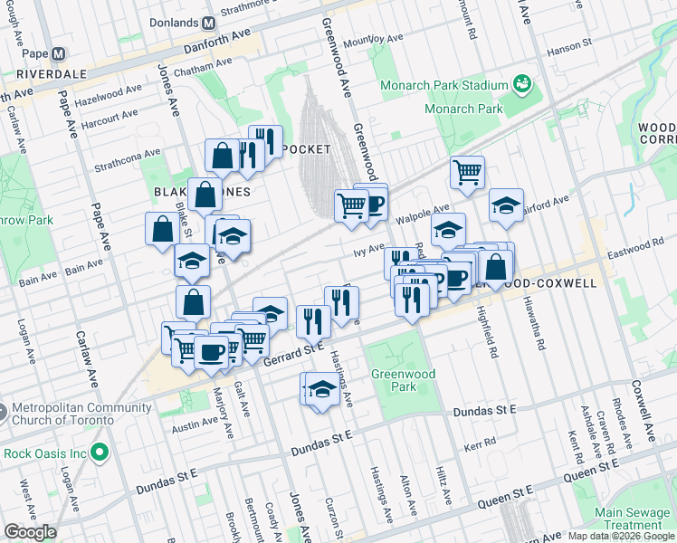 map of restaurants, bars, coffee shops, grocery stores, and more near 88 Prust Avenue in Toronto