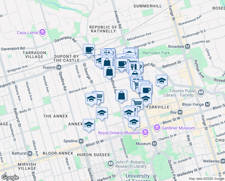 map of restaurants, bars, coffee shops, grocery stores, and more near 118 Bedford Road in Toronto