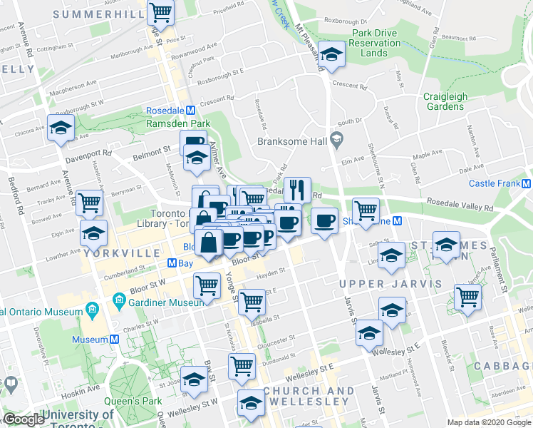 map of restaurants, bars, coffee shops, grocery stores, and more near 123 Collier Street in Toronto