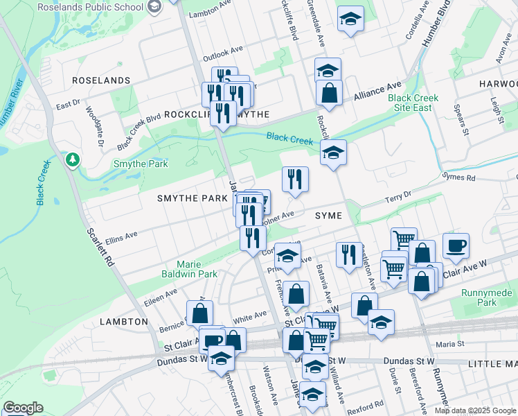 map of restaurants, bars, coffee shops, grocery stores, and more near 220 Woolner Avenue in Toronto