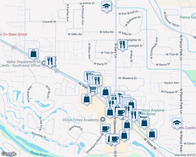 map of restaurants, bars, coffee shops, grocery stores, and more near 7472 West Saxton Drive in Boise