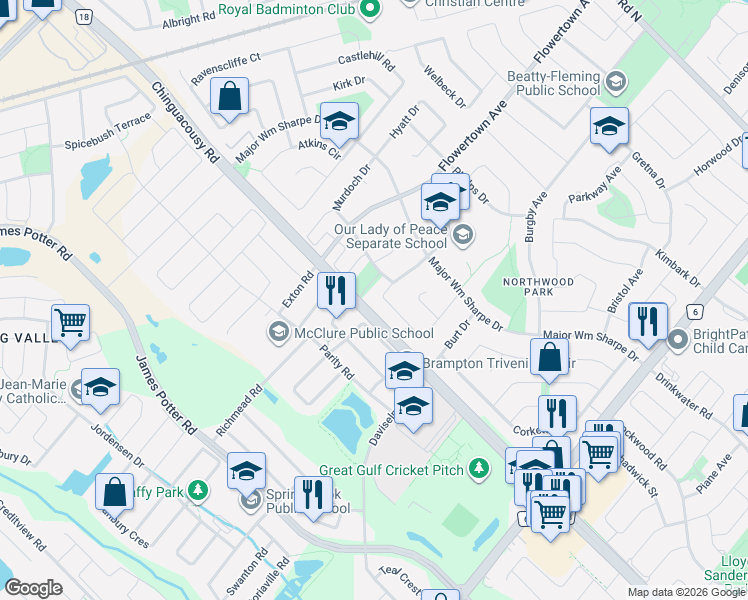 map of restaurants, bars, coffee shops, grocery stores, and more near 44 Candy Crescent in Brampton