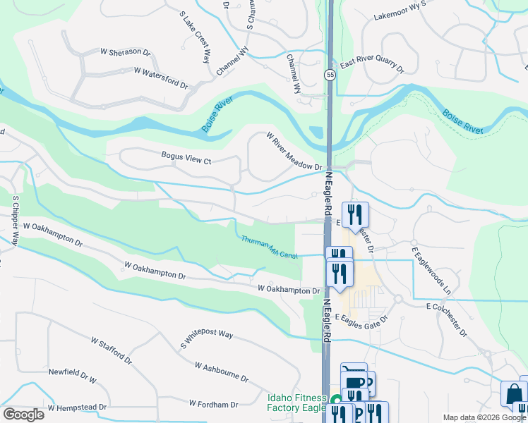 map of restaurants, bars, coffee shops, grocery stores, and more near 336 West Colchester Drive in Eagle