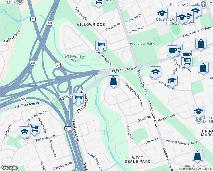 map of restaurants, bars, coffee shops, grocery stores, and more near 95 Decarie Circle in Toronto