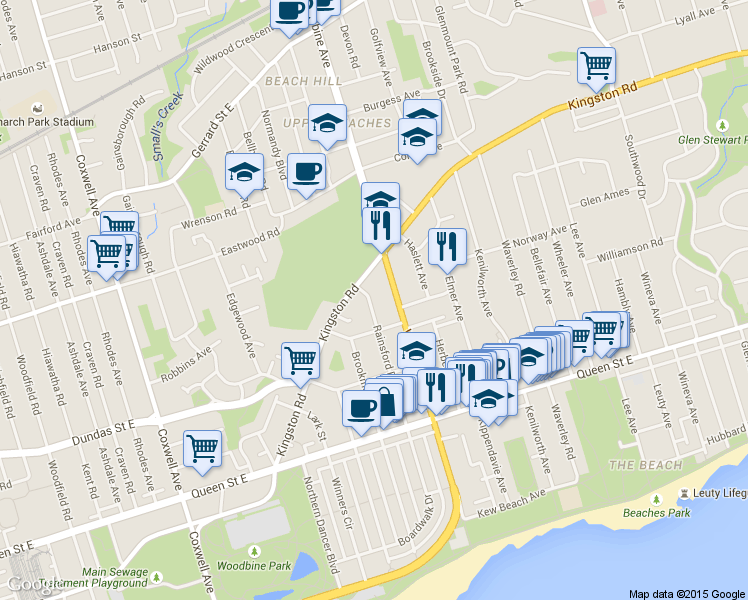 map of restaurants, bars, coffee shops, grocery stores, and more near 111 Rainsford Road in Toronto