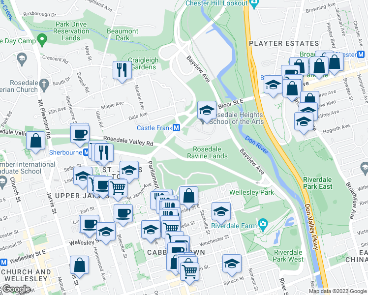 map of restaurants, bars, coffee shops, grocery stores, and more near 19 Castle Frank Crescent in Toronto