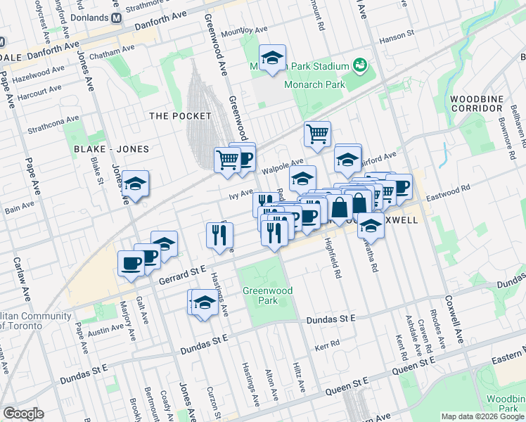 map of restaurants, bars, coffee shops, grocery stores, and more near 252 Greenwood Avenue in Toronto