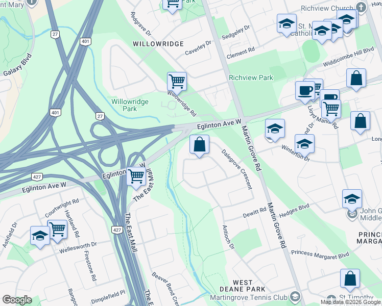 map of restaurants, bars, coffee shops, grocery stores, and more near 95 Decarie Circle in Toronto