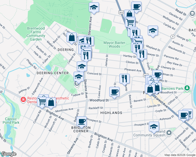 map of restaurants, bars, coffee shops, grocery stores, and more near 9 Tremont Street in Portland