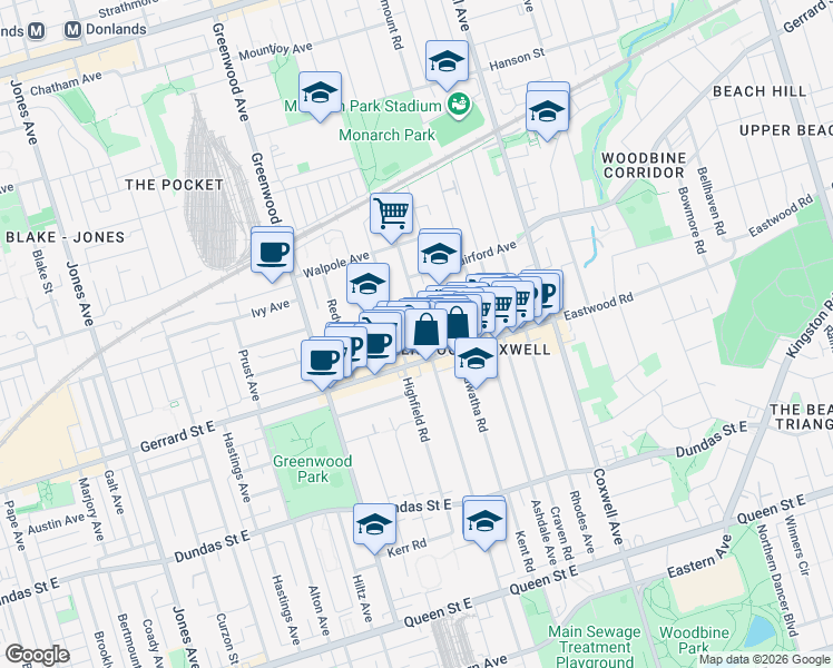map of restaurants, bars, coffee shops, grocery stores, and more near in Toronto