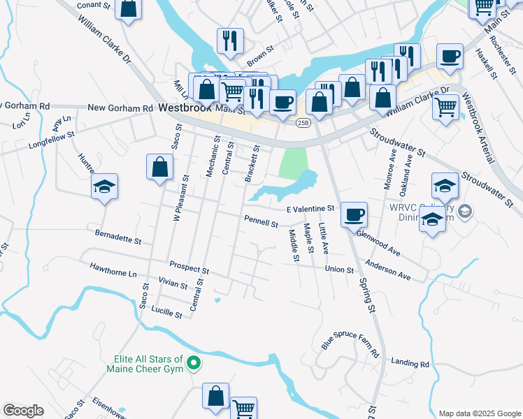 map of restaurants, bars, coffee shops, grocery stores, and more near 102 East Valentine Street in Westbrook